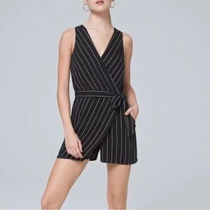 NWOT White House Black Market Black and White Striped Romper with Wrap V-Neck